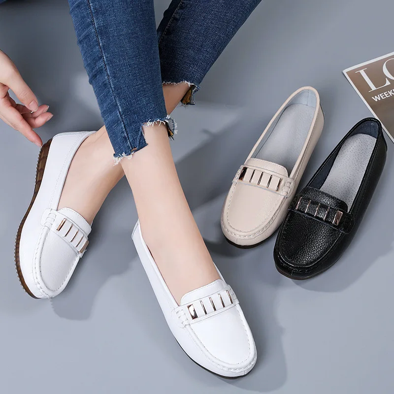 Shoes Loafers Moccasins Flats Women Slip On Female Genuine-Leather Autumn Plus-Size 35-40