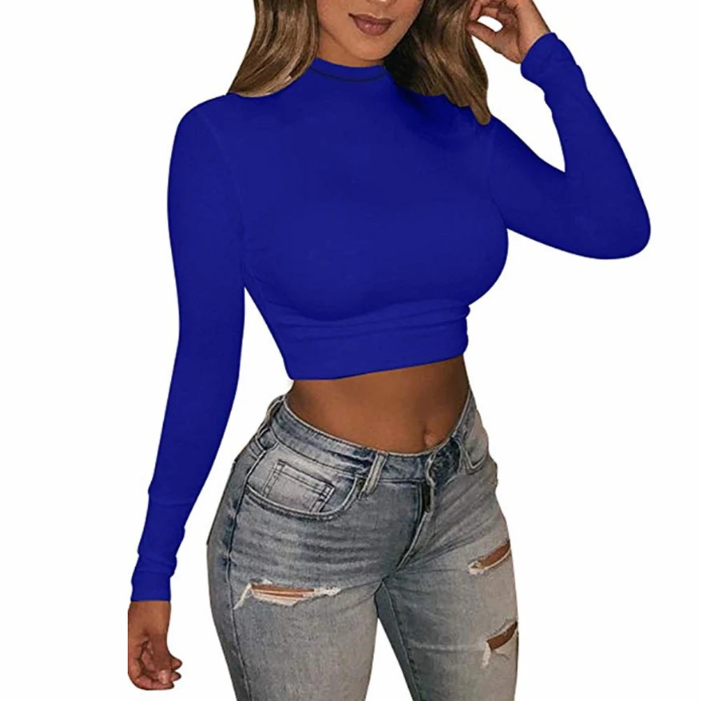 Women Solid Color Turtleneck Long Sleeve Crop Top Slim Pullover Casual Tank Base T- Shirt Fluorescent Green Top New yellow t shirt