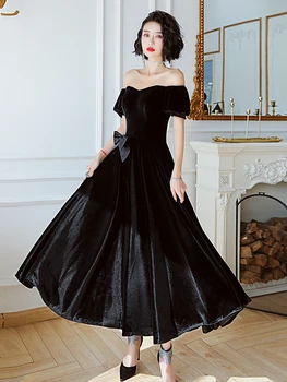 

Banquet Evening Dress Women Sexy Slash Neck Slim Long Elegant Off-Shoulder Black Retro Midi Bow Vintage Velvet Party Dress