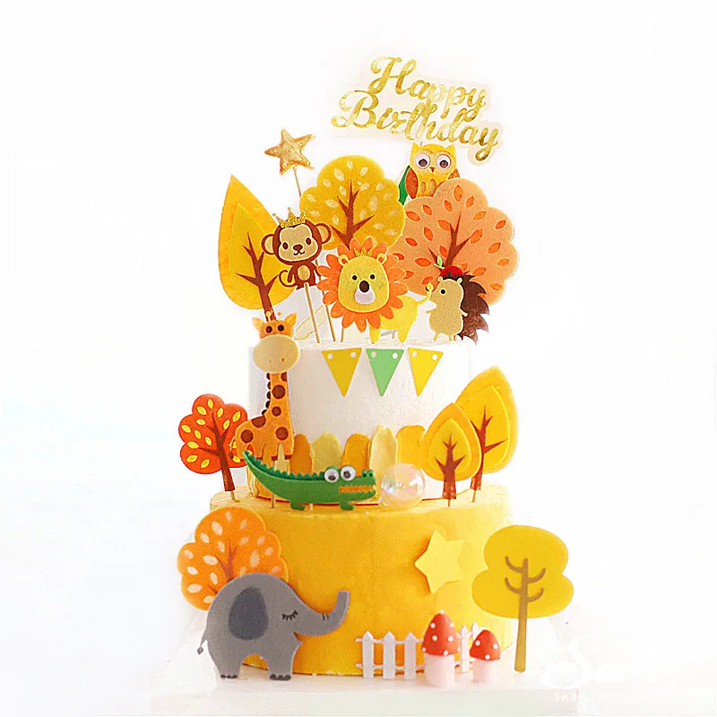 2pc Felt Animals Monkey Lion Giraffe Owl Cake Topper for Birthday Party Decorations Baking Supplies Baby Shower Kid Love Gifts