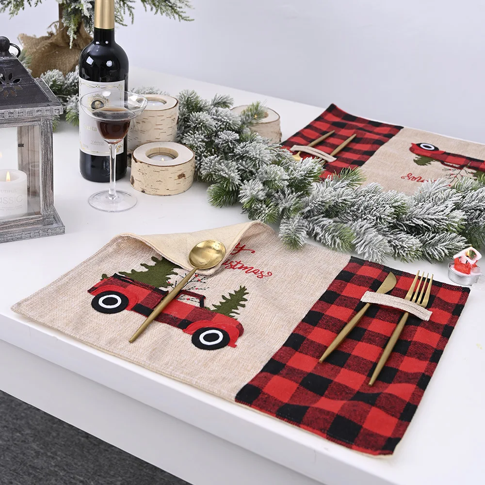 

Christmas Table Placemat Runner Setting For Dining Room Rectangle Cotton Napkins Home Decor Trees Car 43*34 cm