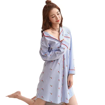 

Nightdress women's cotton lapel long-sleeved thin cardigan button skirt simple and natural spring and autumn gecelik
