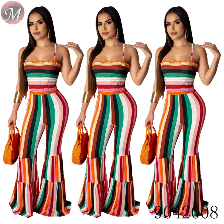 9042008 Sexy suspender smocking stitch flared women long jumpsuit