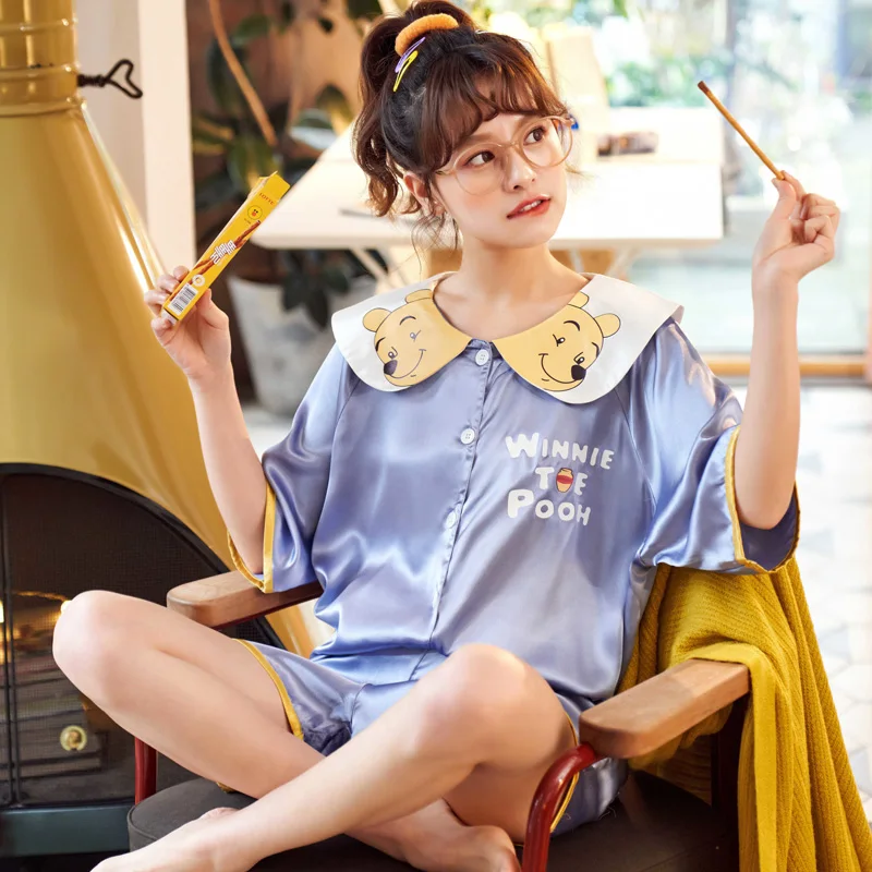 

Sanderala Sexy Women Baby collar pajamas Cartoon Negligee bowknot Silk Comfortable Nightgown Sleepwear women Sexy sleepwear