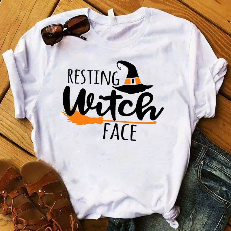 

Women T Resting Witch Face Hat Cartoon Printed Halloween Womens Top Tshirt Female Graphic Tee Shirt Ladies Clothes T-shirt