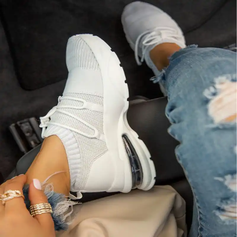 スニーカー女性のための夏の女性の通気性靴下カジュアルシューズレースアップテニスメッシュシューズ女性スポーツ靴レディースフラットビッグサイズサイズ レディースヴァルカナイズシューズ Aliexpress