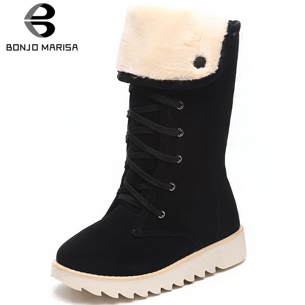 

BONJOMARISA New Winter Warm non-slip Booties Ladies lace-up Fur mid-calf Snow Boots Women 2019 Casual Wedges Shoes Woman