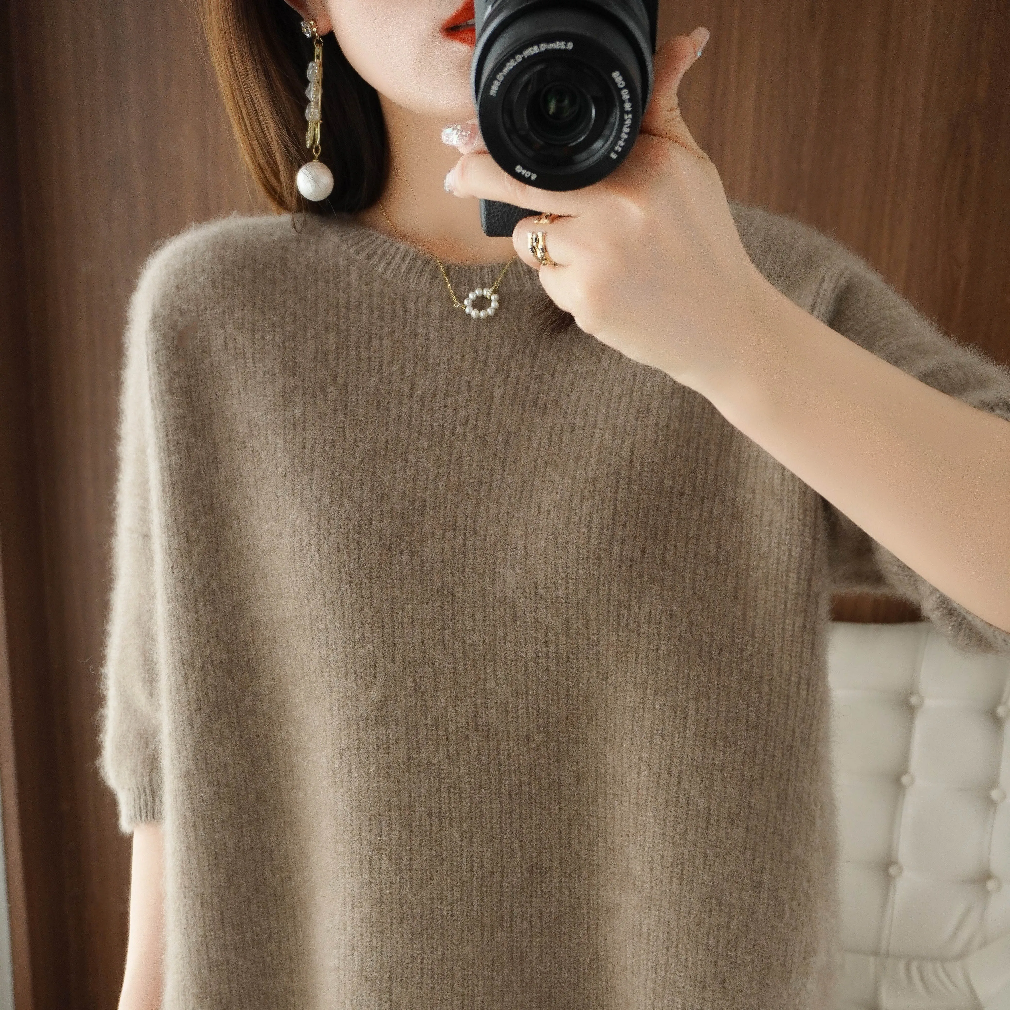 

Women's 100% Pure Australian Wool Knitted Sweaters, Half Sleeve O Neck Pullovers, Ladies Solid-Color Standard Jumpers, Hot Sale