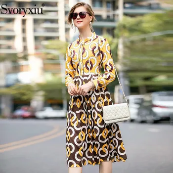 

Svoryxiu 2020 New Runway Designer Women's Midi Dresses Long Sleeve Stand Collar Geometric Pattern Printing Casual Dress