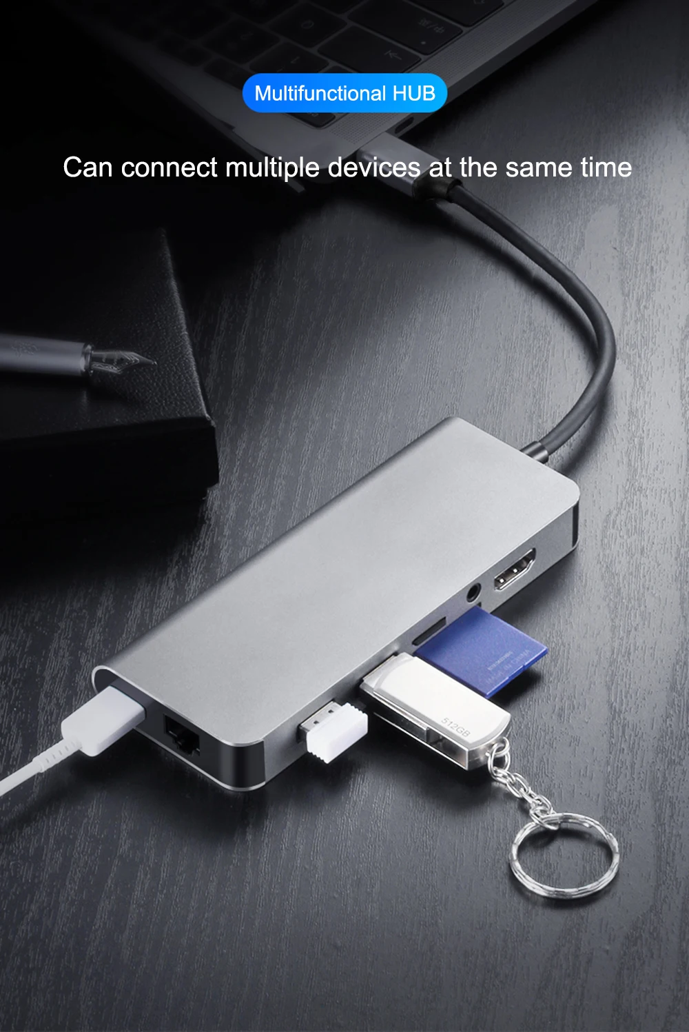8 в 1 type C концентратор USB-C-HDMI RJ45 Gigabit 3,5 мм аудио SD TF кардридер USB3.0 PD зарядный USB-C Кабель-адаптер для ноутбука Mac