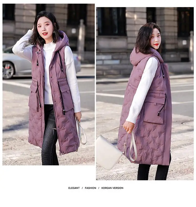 Зимняя куртка для женщин, Длинный жилет, толстый теплый однотонный с капюшоном, на молнии, модный жилет, Женское пальто, ropa mujer, 4xl, 5xl - Цвет: purple 61901
