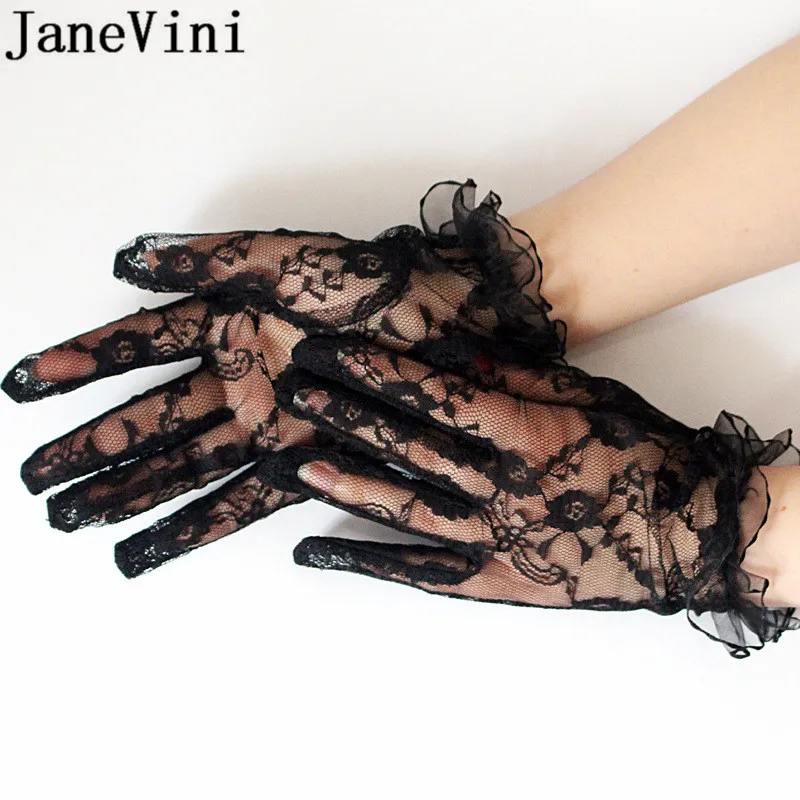 JaneVini Sexy Black Evening Gloves Lace Full Finger Sheer Bride Gloves Short Wrist Length Bridal Wedding Gloves gants mariee New цена и фото