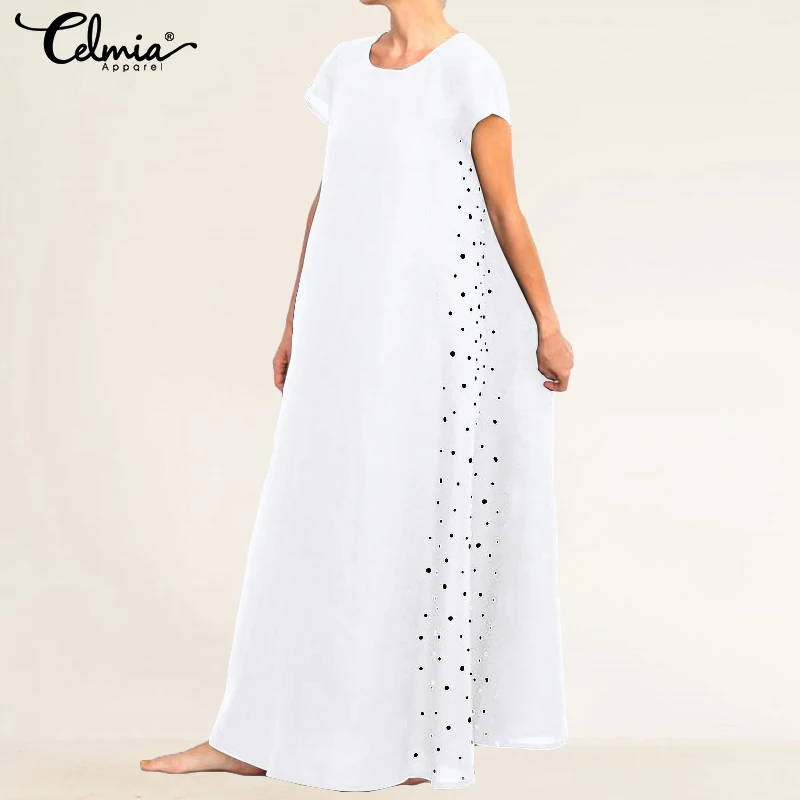 Celmia Women Dot Print Vintage Long Dress Ladies Short Sleeve Casual Loose Pockets Summer Beach Vestidos Robe Plus Size 5XL