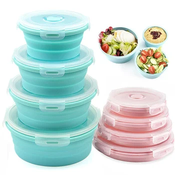 

Silicone Lunch Box Food Storage Box Container Foldable Storage Round Portable Microwave Heating Bowl Environmental Protection