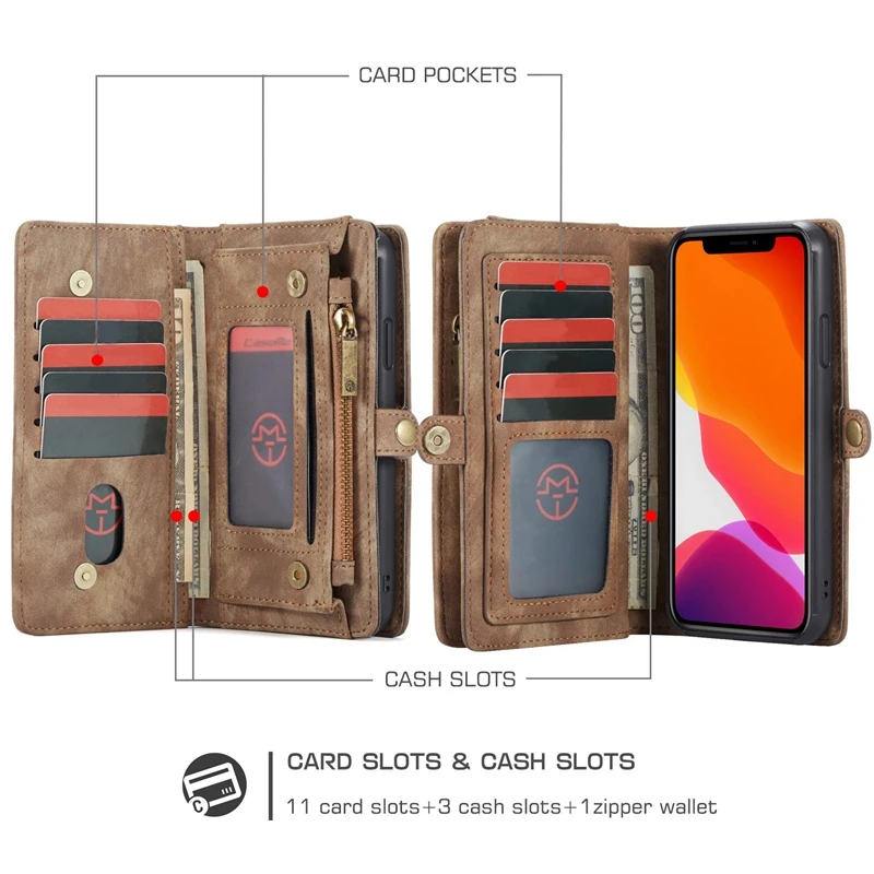 Genuine Leather Business Wallet Case for IPhone 11 Pro Max Removable Flip Phone Holder-Case-Holster- 6.1Inch Brown