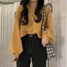 Neploe/женский короткий свитер в Корейском стиле с v-образным вырезом и длинным рукавом, короткие трикотажные пуловеры, свободный однотонный джемпер, Осень-зима, Pull 55114