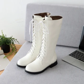 

Casual comfortable round toe knee high boots fashion lace-up zipper black white low heels thick motorcycle boots women's shoes