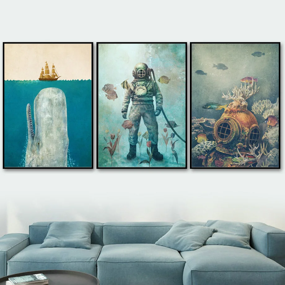 

Sailboat Sea Seabed Diver Whale Nordic Vintage Posters And Prints Wall Art Canvas Paining Wall Pictures For Living Room Decor