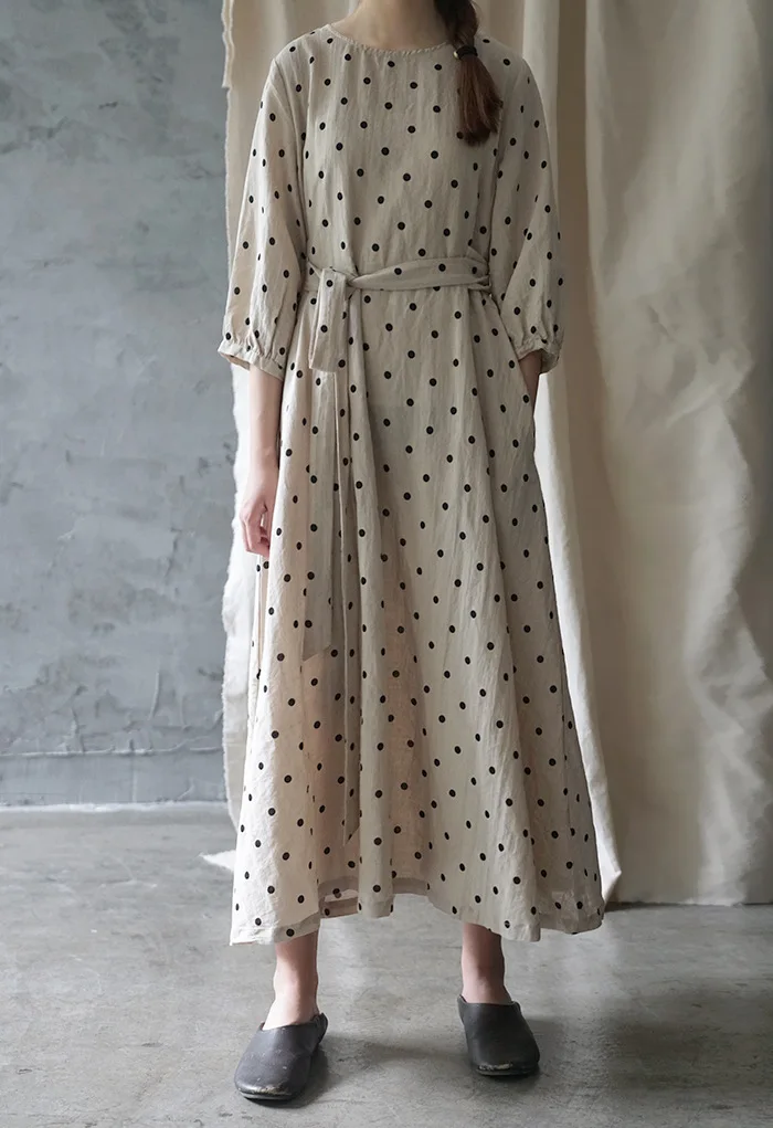 Casual New Summer Dress Three Quarter Sleeve Mid-calf Length Loose Sashes O-neck Dot Vintage Linen Women Dress