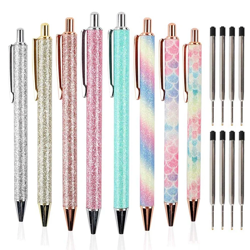 

8Pcs Ballpoint Pens Metal Retractable Pen, Black Ink Medium Point 1Mm, Glitter Rose Gold Click Ball Pens, Gifts for Women, Schoo