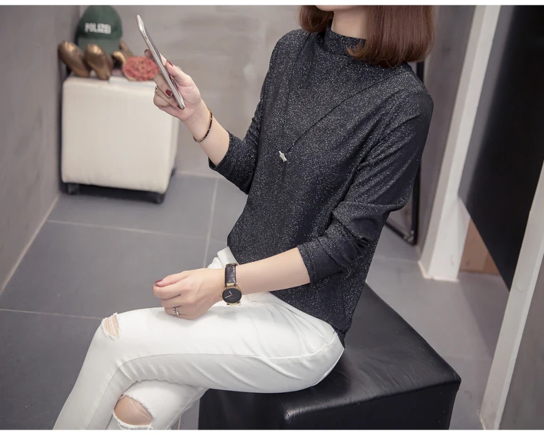 Plus Size Bright Silk Tops Tee Shirts Women 2020 Autumn Trendy Turtleneck Long Sleeve Office Lady Basic T-shirts Oversize Tshirt