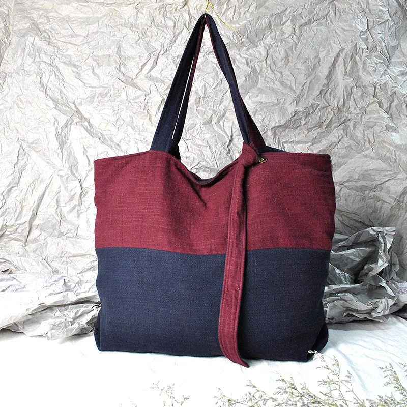 

2019 New Style Flax Leisure Bag Large Capacity Contrast Color WOMEN'S Handbag Fabric Bag Shoulder Bag with Full-grain Leather