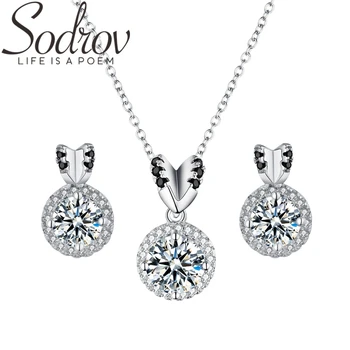 

SODROV Trendy 925 Sterling Silver Black Spinel Necklace Pendant Earrings Set for Women Silver 925 Jewelry Sets Z009