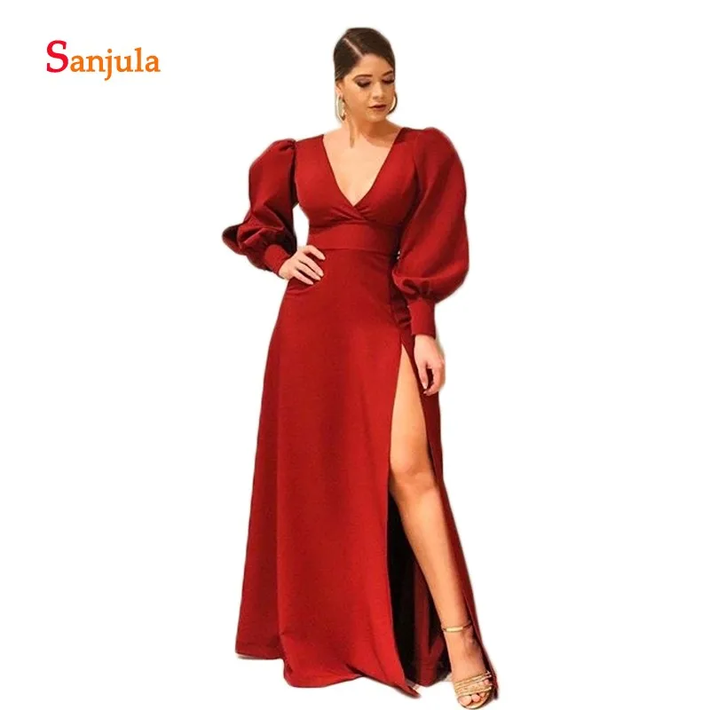 

Sexy Deep V Neck Dinner Gowns for Women Dark Red A-Line Simple Fomal Evening Dresses with Puff Sleeve High Leg Slit Gowns D1258