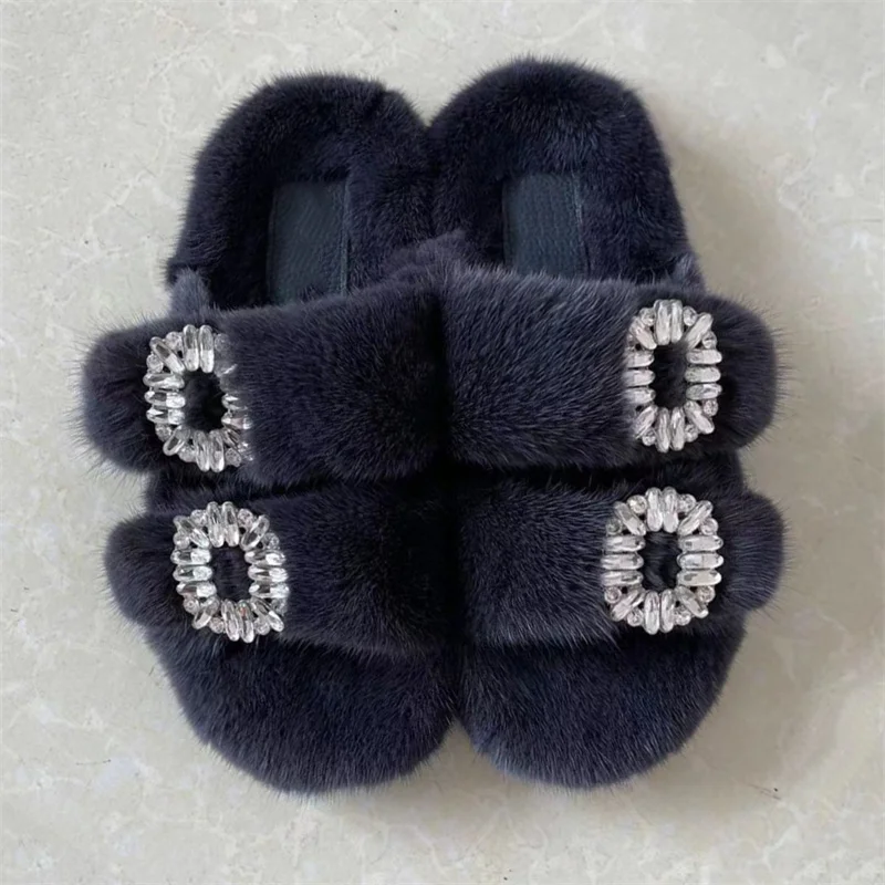 Winter Fur Rhinestone Slippers For Women Wedge Heel Outdoor Shoes