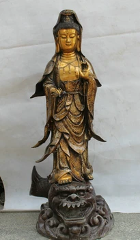 

yan 007253 42" Chinese Buddhism Bronze Stand Kwan-yin Guan Yin Goddess Dragon Fish Statue