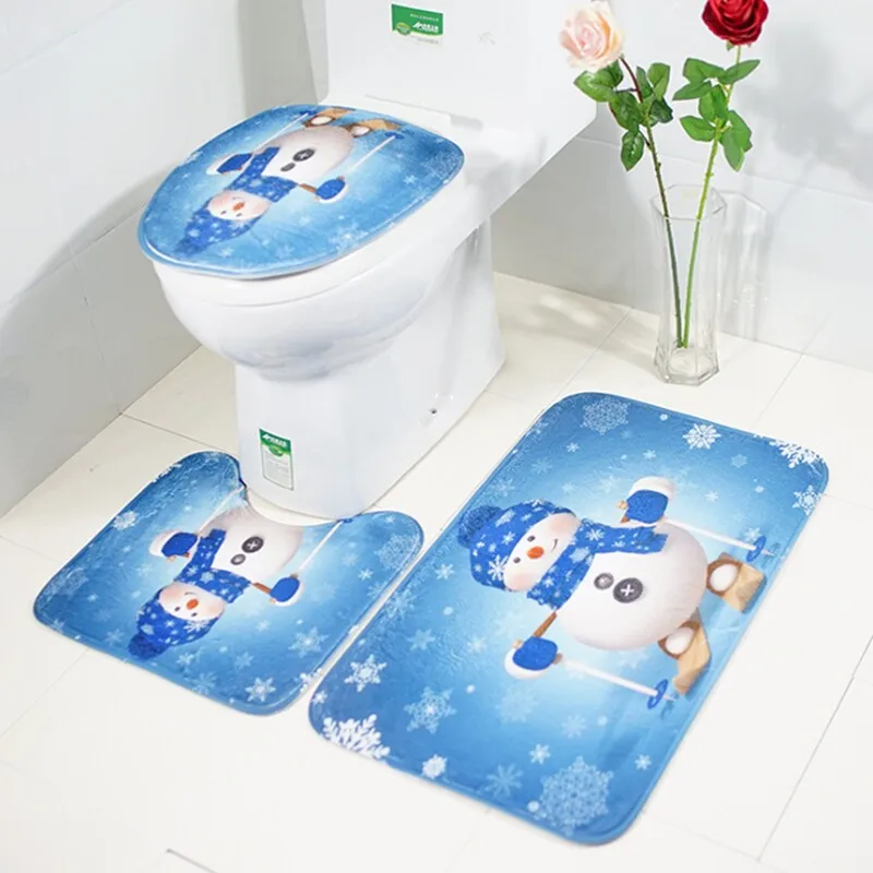  3 pieces/Set Cartoon Christmas Snowman Pattern Soft Anti-silp Bath Mat Flannel Contour Rug Lid Toil