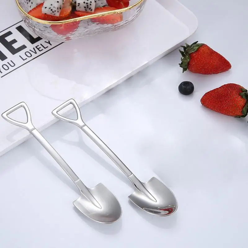 Stainless Steel Cutlery Set Creative Food-Grade Stainless Steel Coffee Ice Cream Spoons Shovel Shape Multi-Color Long Handle Fork Teaspoons Kitchen Tool