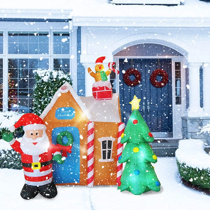 6 Ft Christmas Inflatable Santa's House with Christmas Tree & Gingerbread Man LED Blow Up Yard Decorations Christmas Party Toys 5