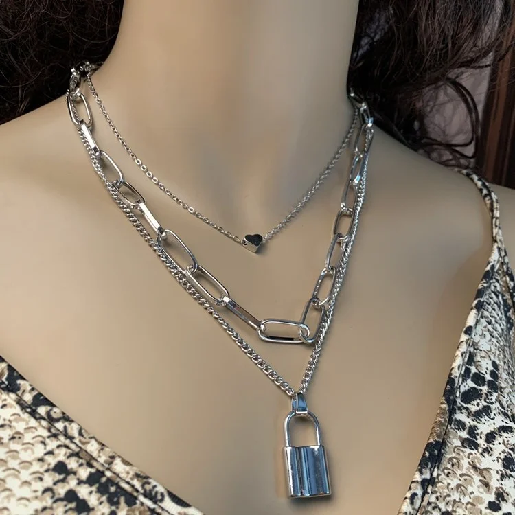 

2021 temperament new retro necklace female cold wind hip-hop neckband personality multi-layer love lock type clavicle chain