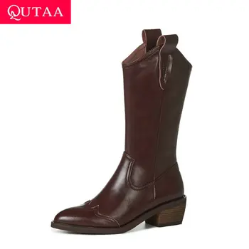 

QUTAA 2021 Mid Calf Women Boots Cow Leather PU Zipper Ladies Pumps Autumn Winter Square High Heel Fashion Women Shoes Size 34-42