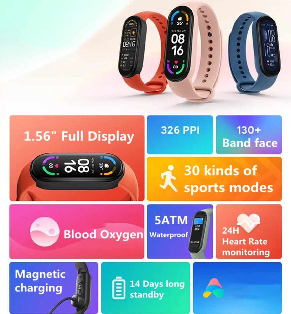 Xiaomi Mi Band 6 Smart Wristband AMOLED Blood Oxygen Fitness Traker Heart Rate Bluetooth Waterproof Miband 5 6