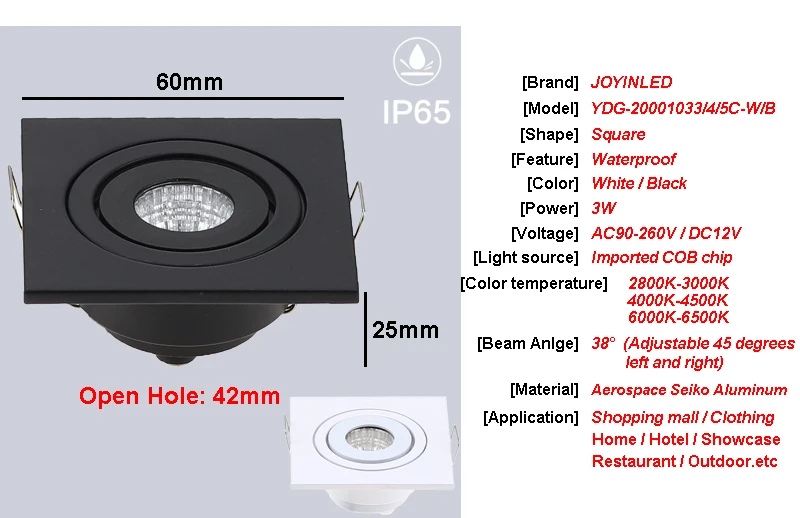 Factory Price Recessed LED Waterproof IP65 Dimmable COB Downlight Outdoor 3W AC90-260V LED Ceiling Spot Light LED Ceiling Lamp
