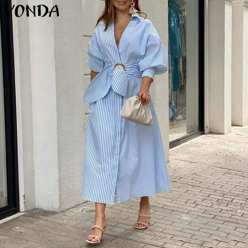 Striped Shirt Dress 2021 VONDA Women Vintage 3/4 Sleeve Lapel Neck Belted Dress Holiday Party Striped Long Vestidos Oversized