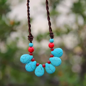 

Handmade Weave Stackable Water Drop Green Turquoises Stone Pendant Rope Chain Necklace Charm Jewelry