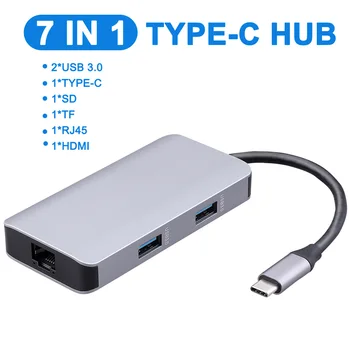 

7 in 1 Type-c HUB USB3.0 HUB Splitter C HUB to Multi USB 3.0 Adapter Dock USB-C Splitter Hub RJ45 for MacBook Pro Accessories