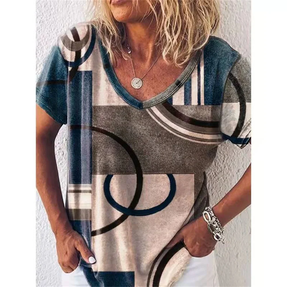 

2022 Women Casual Harajuku Fashion T-Shirt 3D Creative Graphic Print Loose V-Neck Short Sleeve Vintage Summer New Tee Shirt Tops