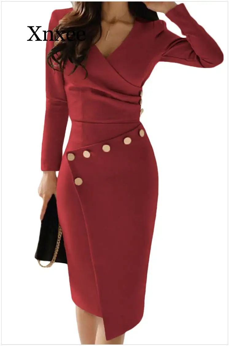 

Casual White Bodycon Pencil Office Work Dress Women Long Sleeve V-Neck Button Ruched Party Midi Gown Asymmetrically Dress