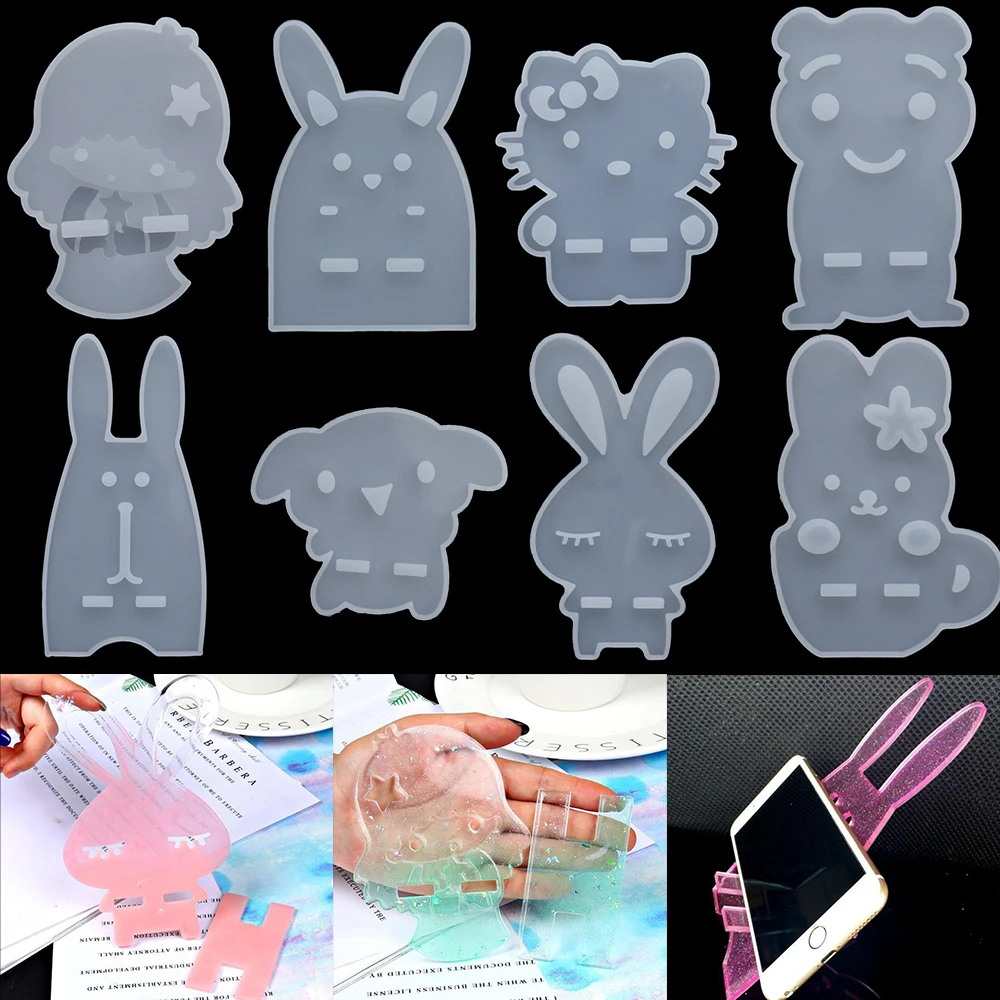 1 Set Cute Animal Phone Bracket Holder Resin Silicone Mold Girl Cat Rabbit Shape Stand Molds for DIY Epoxy Crafts Making |