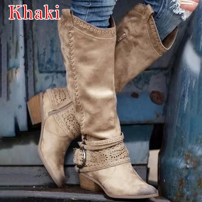 LASPERAL Suede Openwork Knee High Boots Women Pointed Toe Buckle Strap Heels Winter Long Boots Zip Thigh High Loose Boots - Цвет: khaki
