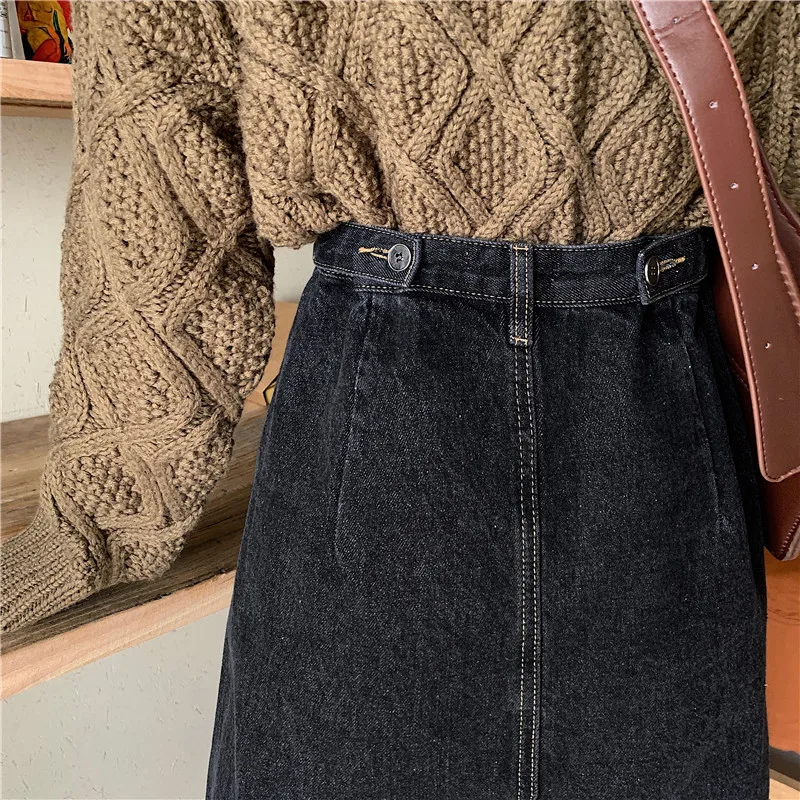 Women's Vintage High Waist Denim Skirt Autumn Winter New Korean Loose Wild A-line Mid-Calf Skirt Women's Long Skirt ML242