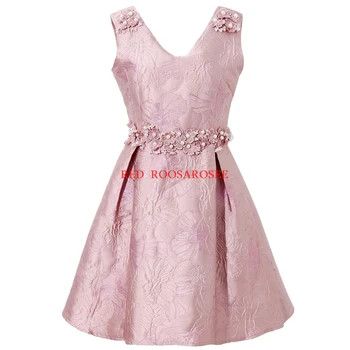 

Red RoosaRosee Sexy V-neck Beads Sleeveless Jacquard Mini Dress Designer Women Summer Party Dresses 2020 Lady Vestidos Robe New