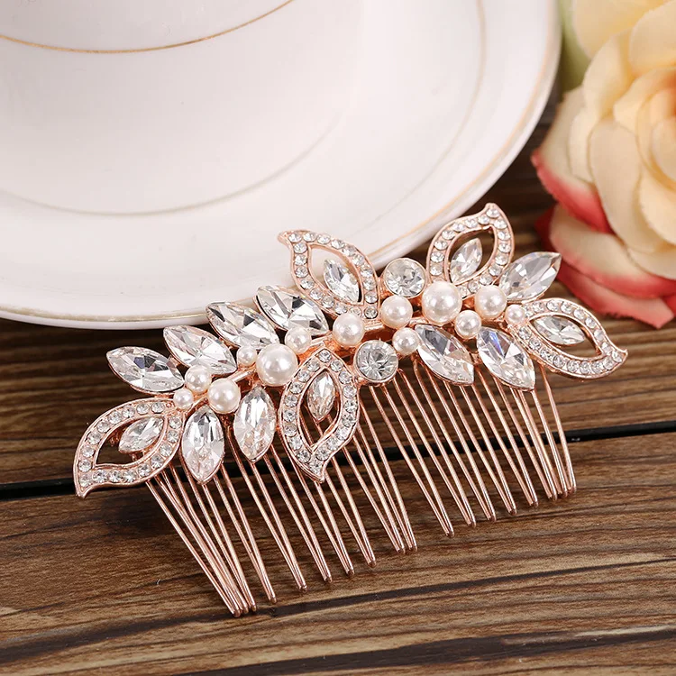 Le Liin Rose Gold Bridal CZ Hair Comb Bride Pearl Headpiece Alloy Crystal Barrette Wedding Hair Accessories Hair Jewelry