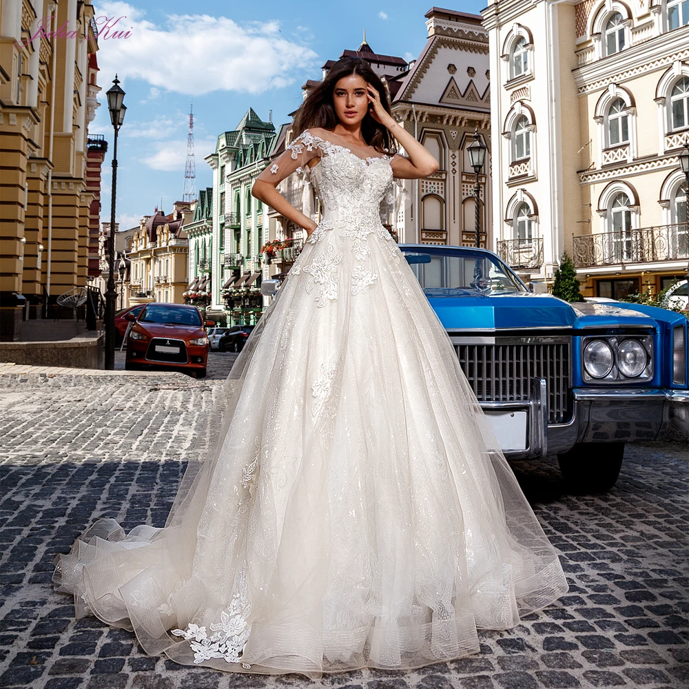 Julia Kui, свадебное платье с коротким рукавом и шнуровкой, размера плюс, на заказ, ТРАПЕЦИЕВИДНОЕ ПЛАТЬЕ, Vestido De Noiva, свадебные платья, китайский