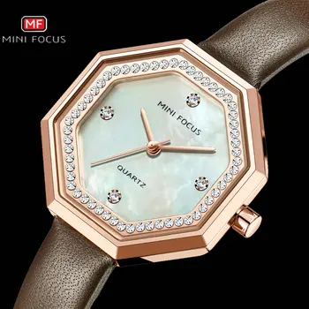 

MINIFOCUS Vintage Women Quartz Watches Diamond Iced Out Brand Luxury Elegant Lady Watch for Girls Brown Leather Strap Clock