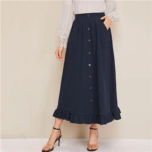 SHEIN abaya темно-синяя юбка миди с оборками спереди и пуговицами Женская весенне-осенняя однотонная расклешенная трапециевидная Повседневная Длинная юбка - Цвет: Navy
